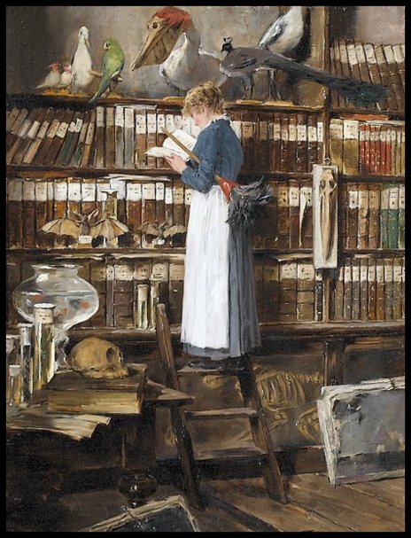Library interior with maid reading. - distracted from housework